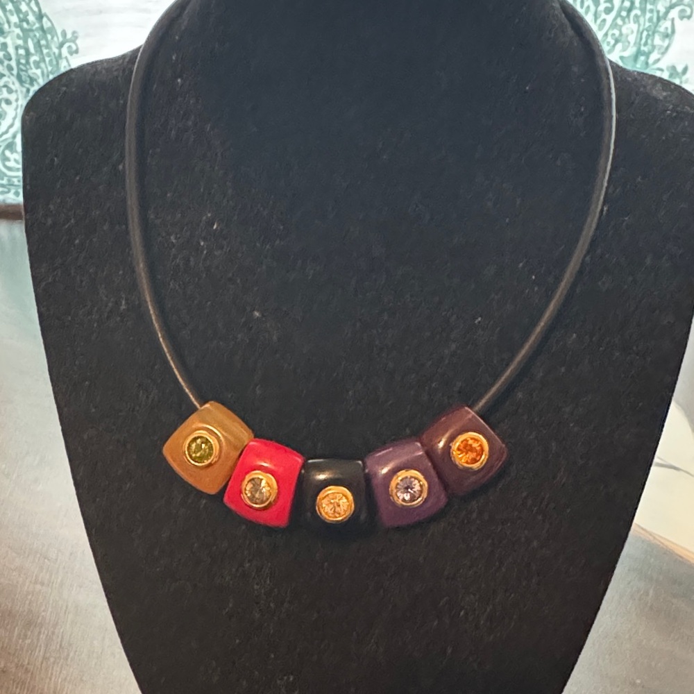 Vintage Joan Rivers 5 Charms Plastic with Rhinestones Pendants Choker Necklace
